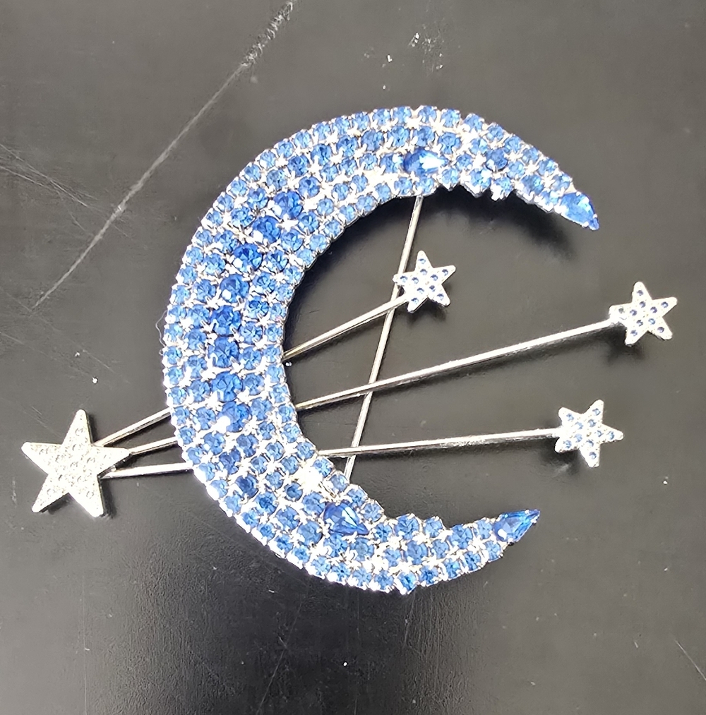 Vintage Bauer Blue Rhinestone Crescent Moon and Shooting Stars Brooch